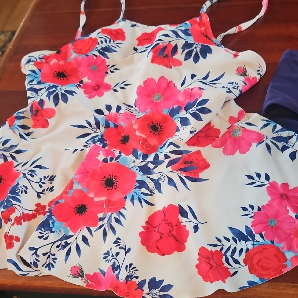 Floral Sleeveless Swim Top with Pink, Red, and Blue Pattern